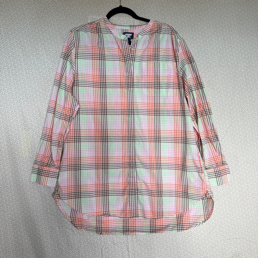 Lands End‎ Plaid Tunic Shirt Womens L Lightweight Collarless Long Sleeve